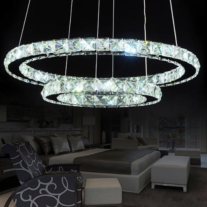 2/3 livelli lampadario incrostato in cristallo elegante elce a led a tetto a cerchio cromata in luce calda/bianca