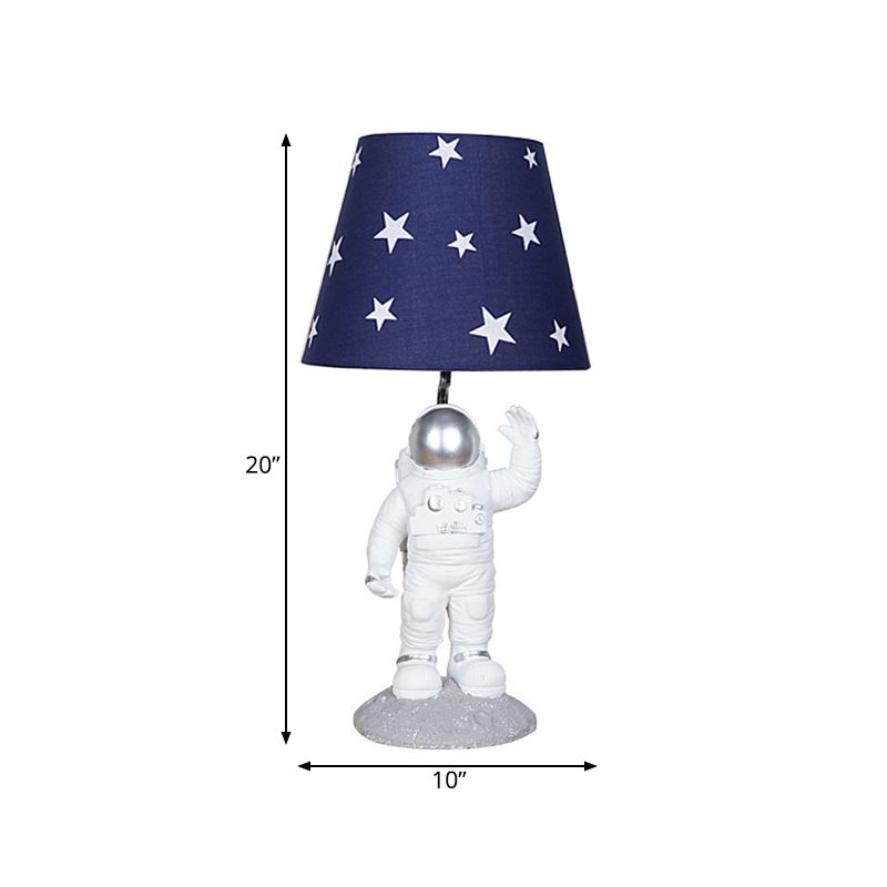 Blue Empire Shade Night Lampe Kinder einzeln stern gemustertem Stofftisch Beleuchtung mit geschnitzter Raumfahrt -Basis, 10 "/13" breit