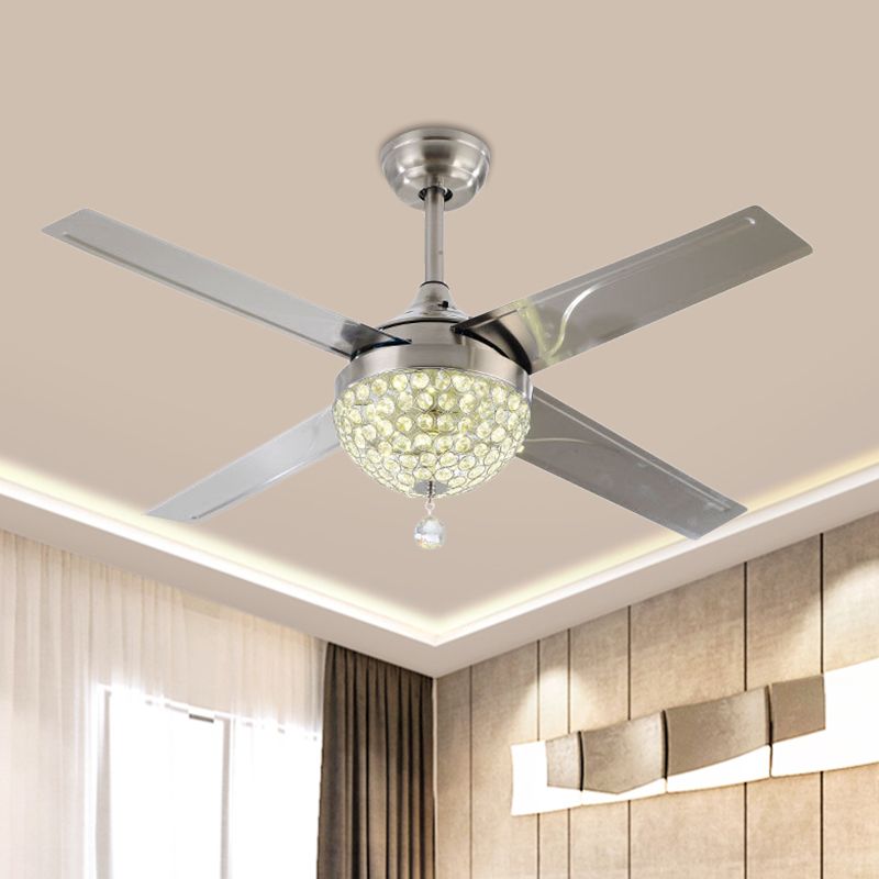 Duidelijke kristal ingelegde nikkel semi -spoelkom LED eigentijds hangende ventilatorlicht met 4 messen, 52 "breed