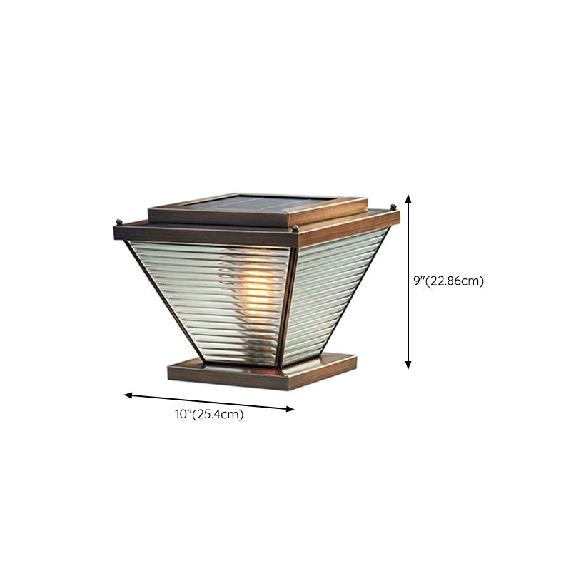 1-Light Solar Energy Pillar Lamp Brass Outdoor Light with Glass Shade for Garden