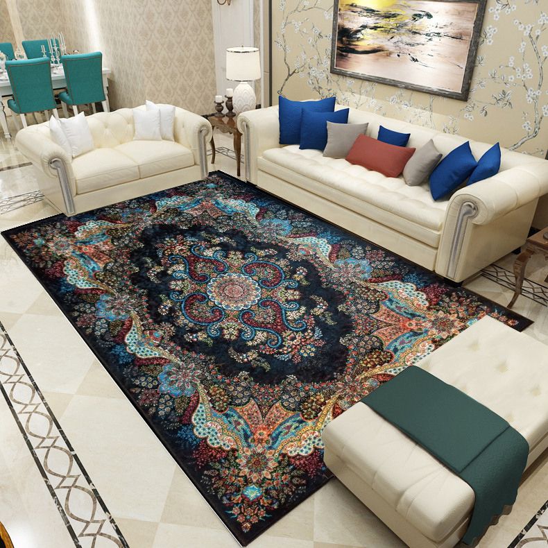 Blue Traditional Area Carpet Medallion Pattern Polyester Area Rug Anti-Slip Rug for Home Decor
