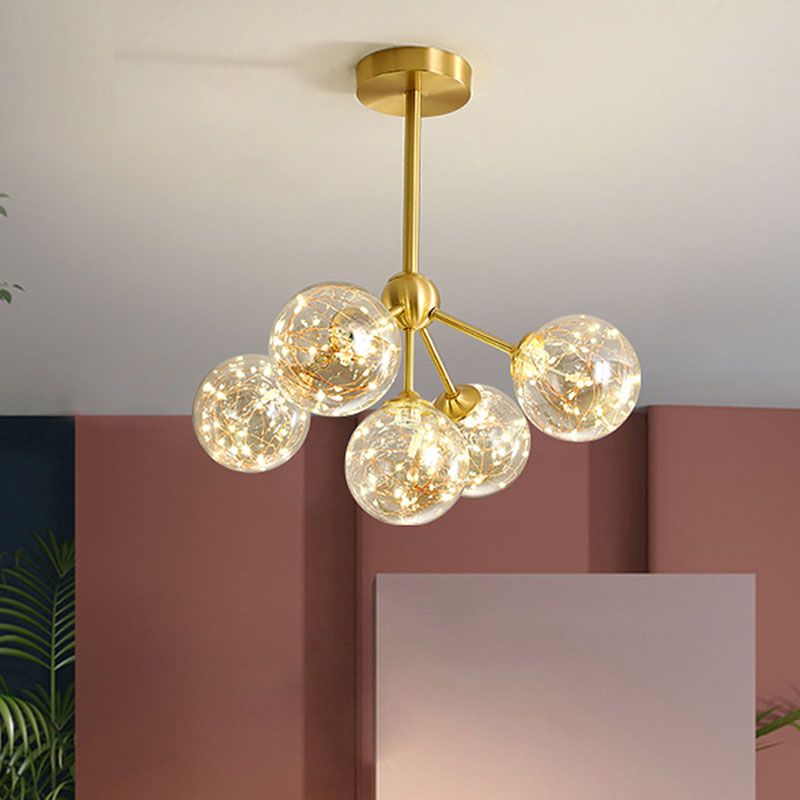 Simple LED Pendant Chandelier Brass Sphere Starry Hanging Lighting with Glass Shade