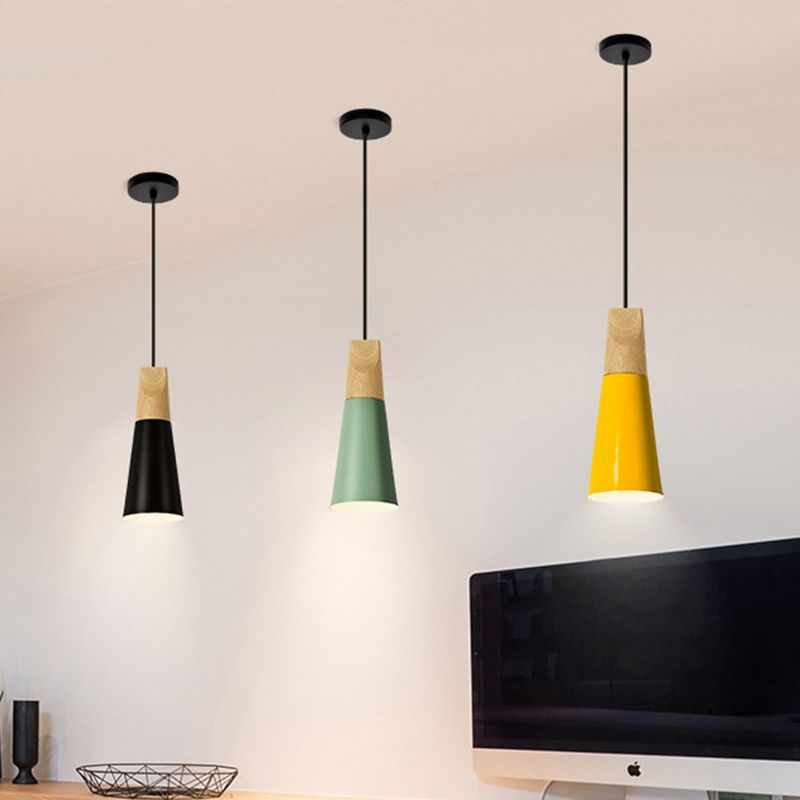 Aluminum Mini Cone Suspension Lamp Macaron Single-Bulb Hanging Pendant Light in Black/Pink/Green and Wood