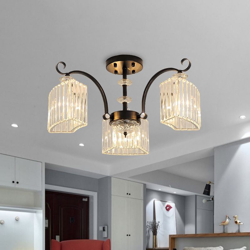 Black 3/9 Bulbs Semi Flush Mount Modern Crystal Block Arc Frame Close to Ceiling Light
