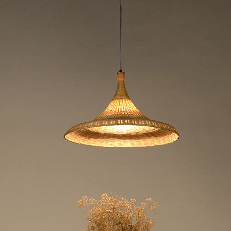 1 Head Wide Flare Pendant Light Chinese Bamboo Suspended Lighting Fixture in Flaxen