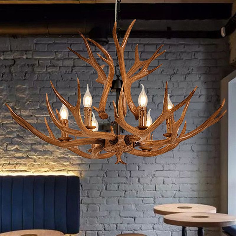 Resin Antler Design suspension du lustre rural 6 lumières Plafond de plafond de restaurant en marron