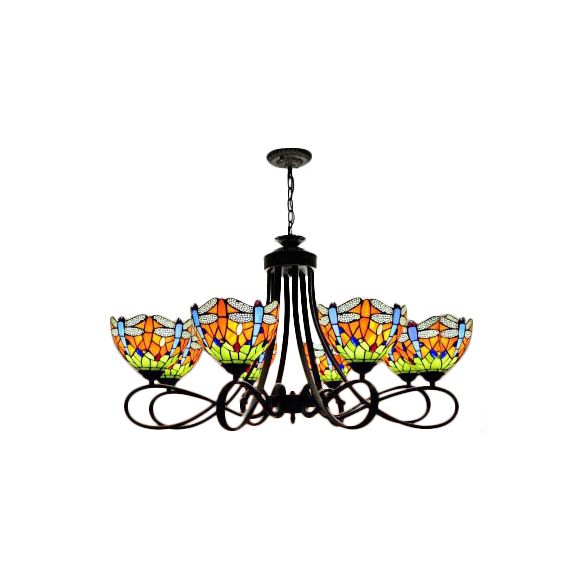 Stained Glass Dragonfly Hanging Chandelier Rustic Lodge 5/8 Lights Suspension Light for Stairway