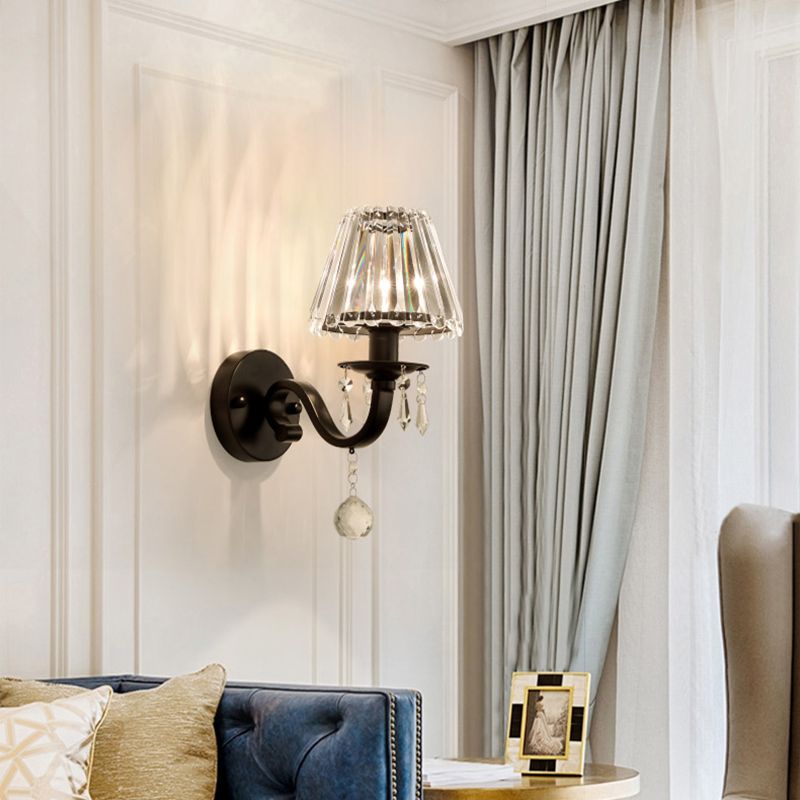 Crystal Conical Sconce Lamp Fixtures 1-Light Modern Style Wall Mounted Light in Black and Gold