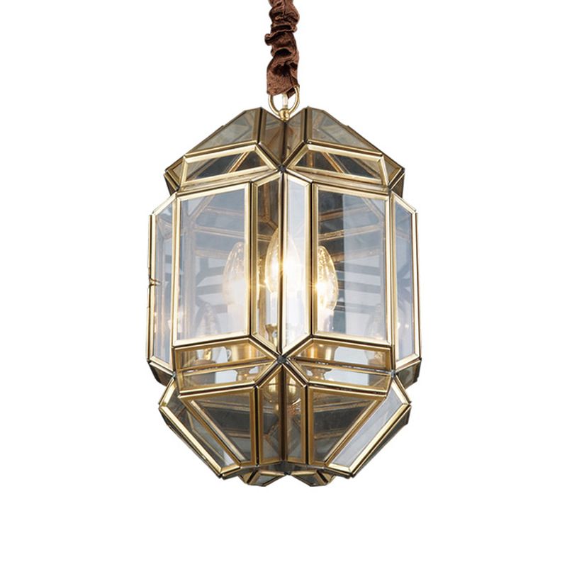 Brass Candle Chandelier Lamp Modernism Metal 3 Heads Hanging Light Fixture with Clear Glass Shade
