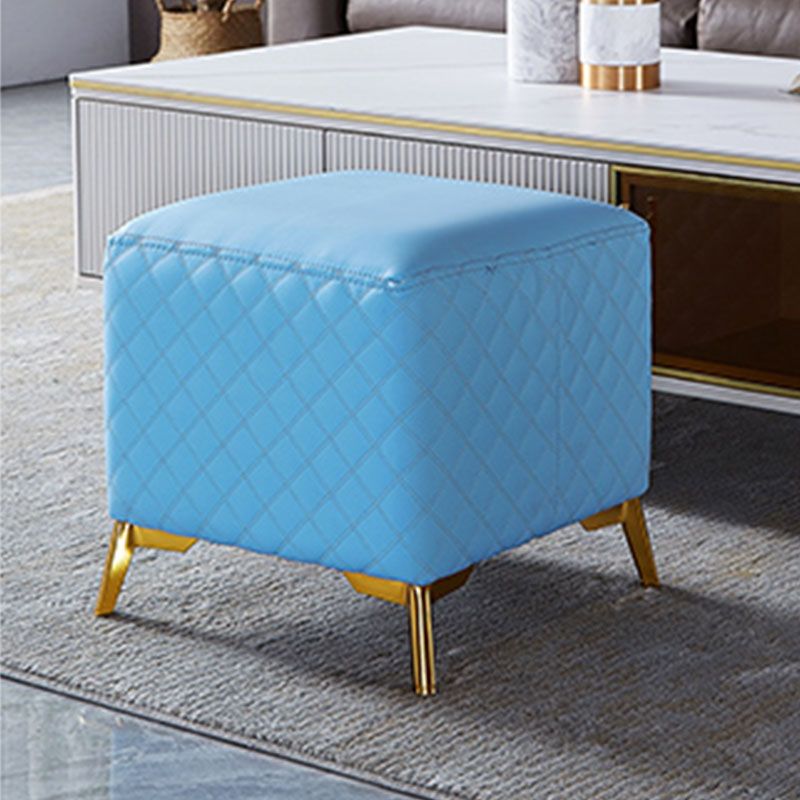 Glam Ottoman Genuine Leather Upholstered Diamond Lattice Square Ottoman with Metal Legs