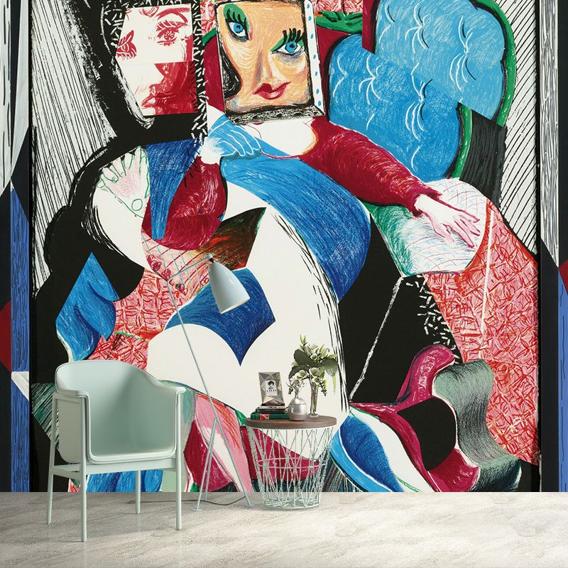 Celia Portrait Wall Murals Red-Blue Art Deco Wall Covering for Living Room, Custom Print