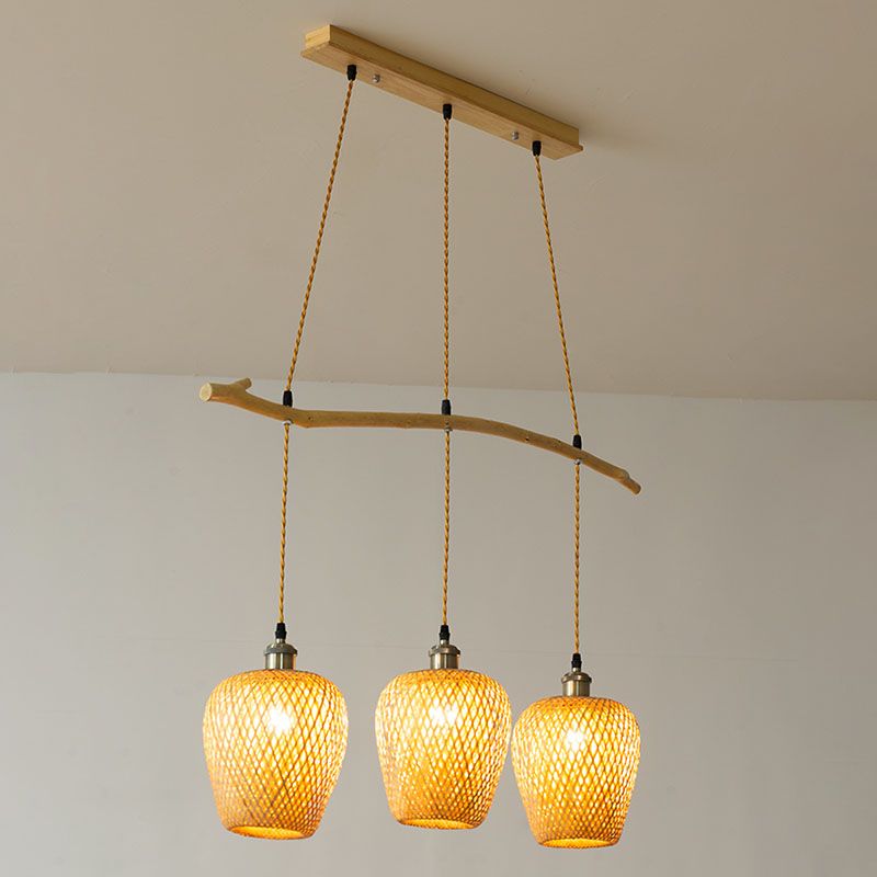 Chinese Style Single Multi-Light Pendant Wood Lantern Hanging Light with Bamboo Shade