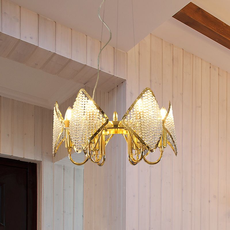 Goldene schuppige Kronleuchter Anhänger Moderne 6 Lichter Metallic Deckenlampe mit Kristallperlen