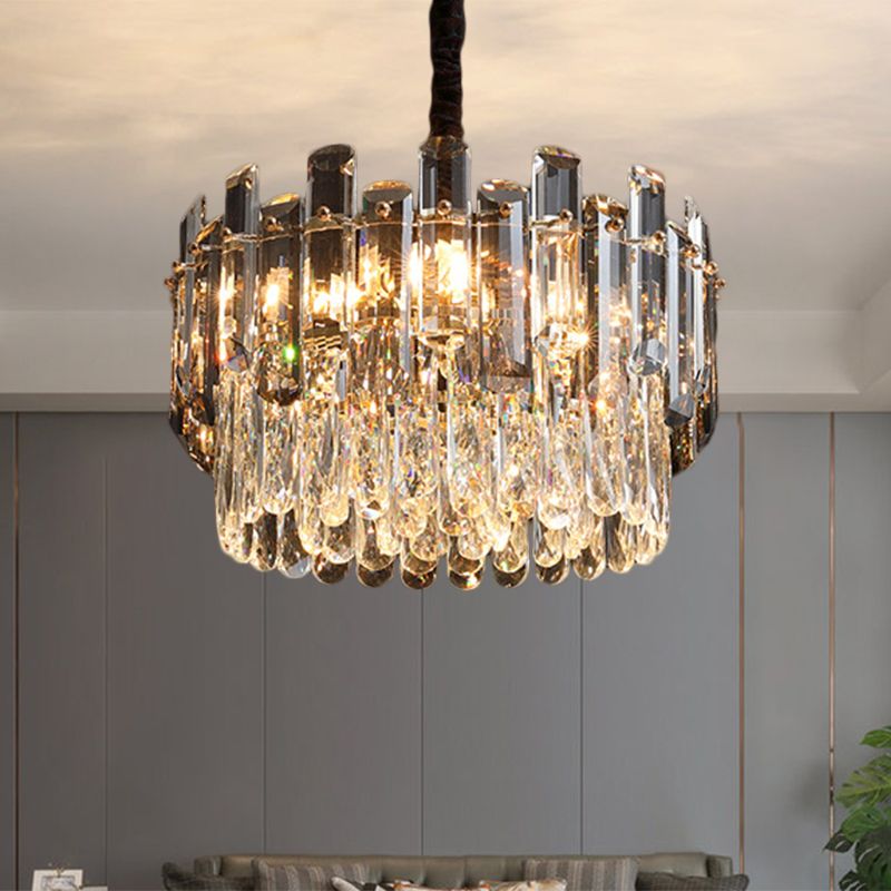 Clear Drum Suspension Lamp Modern Crystal Prismatic 6 Bulbs Dinning Hall Chandelier Light Fixture