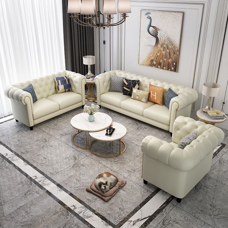 32.67" H Tufted Back Chesterfield Sofa Leather Tuxedo Arm Sofa