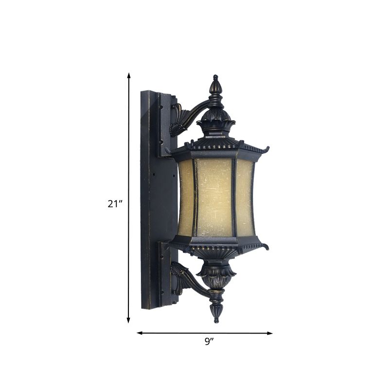 Countryside Lantern Wall Light Sconce 1-Head Frosted Glass Wall Mounted Lamp in Black for Yard