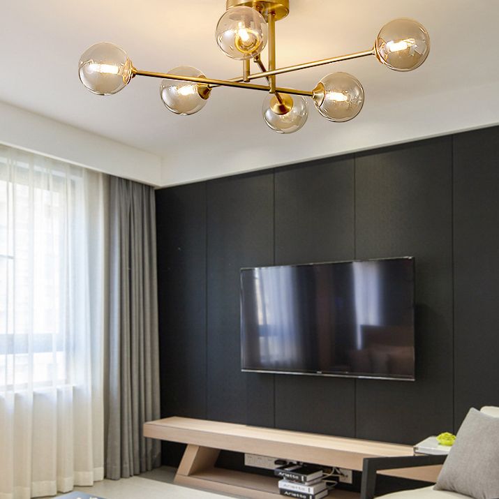 Post-Modern Metal Semi Flush Mount Globe Glass Shade Ceiling Flush Mount in Gold  for Bedroom