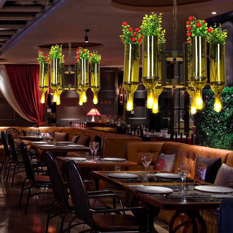 Metal Green Hanging Pendant Radial 6 Heads Industrial Chandelier Pendant Light with Plant Design