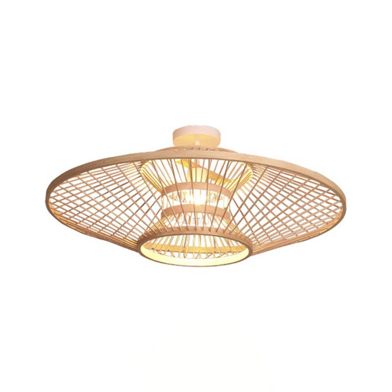 Round Shape Ceiling Lamp Asian Style Rattan 1 Light Flush Mount for Living Room