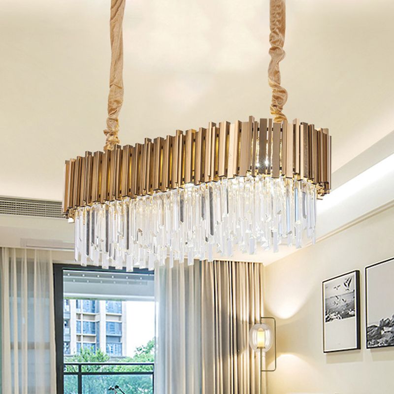 Post-Modern Oblong Island Lamp 6/8-Light Crystal Rods Pendant Lighting in Gold, 23.5"/31.5" Wide