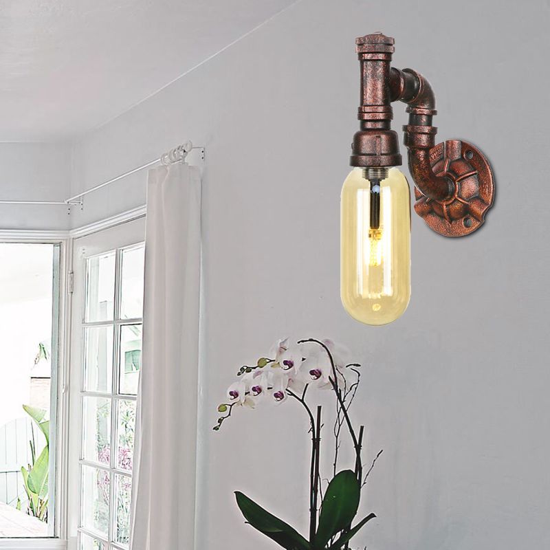 Weathered Copper Capsule Wall Light Rustic Metal 1 Head 9"/10.5"/12" High Bedroom Sconce Lamp with Pipe Design
