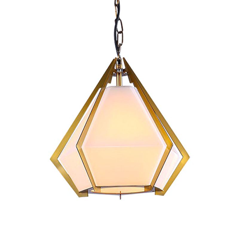 Diamond Restaurant Ceiling Pendant Lamp Colonialism White/Smoke Gray/Tan Glass 1 Bulb Gold Hanging Light Fixture