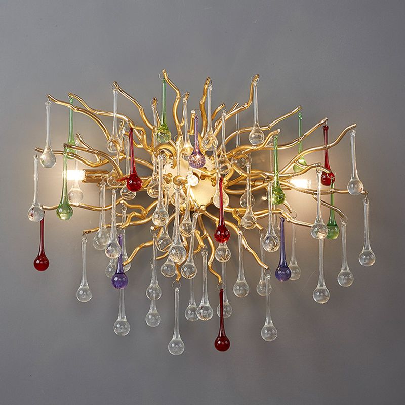 Starburst Wall Mount Light Art Deco Clear/Smoke Gray/Multicolor Waterdrop Crystal 3 Heads Gold Sconce Light Fixture