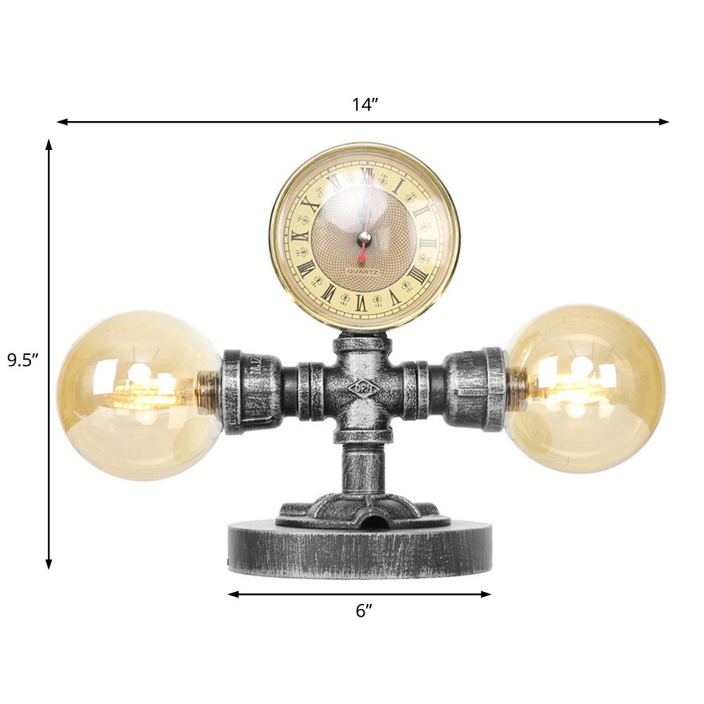 Lámpara de mesa industrial con pantalla redonda, 2 luces, luz de escritorio de vidrio transparente/ámbar en plata antigua con base