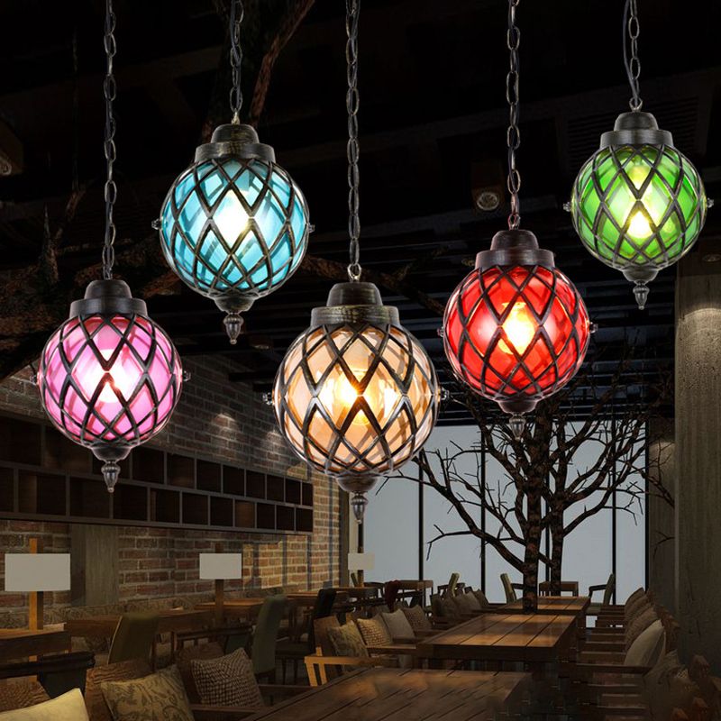 1 Light Restaurant Pendant Lighting Moroccan Black Ceiling Light with Globe Amber/Green/Purple Glass Shade