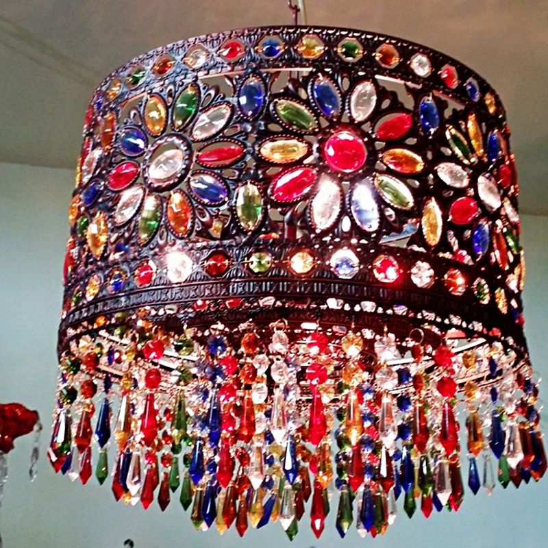 Drum Metallic Suspension Lamp Bohemian 3 Heads Living Room Chandelier Light with Crystal Deco in Red