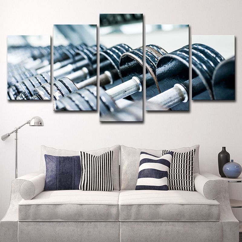 Gym Barbell Print Wall Art Contemporary Canvas Wall Decor in Blue, Multi-Piece