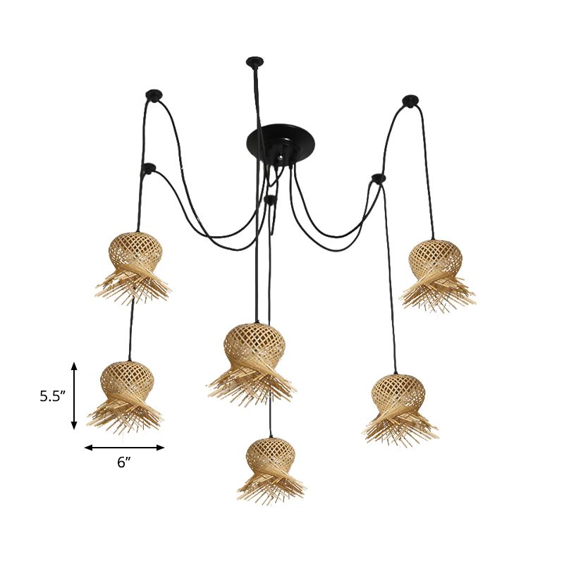Tradicional 6 bulbos kit de lámpara colgante de madera de madera colgante con sombra de bambú