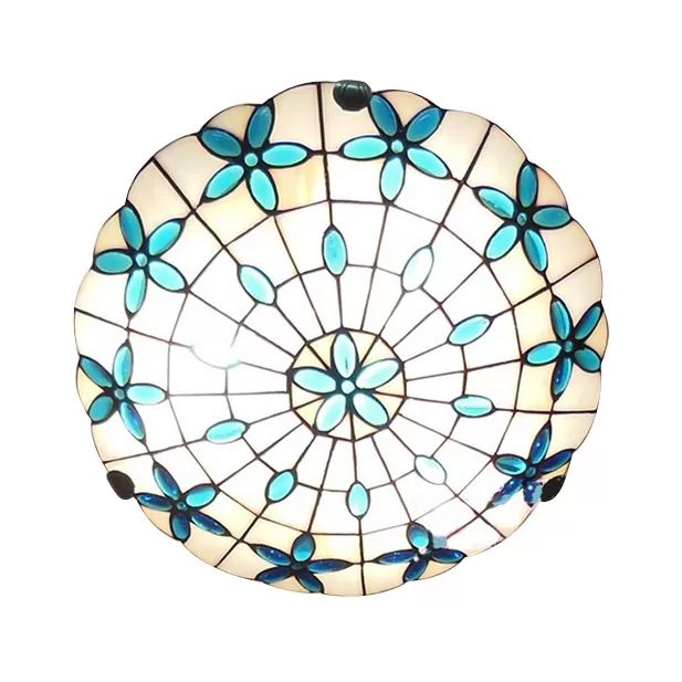 Eclairage en verre en verre bleu, 3 feux Tiffany Flushmount Lighting avec Bowl Shade et Jewel, 5 "High x 16" dans Diamètre
