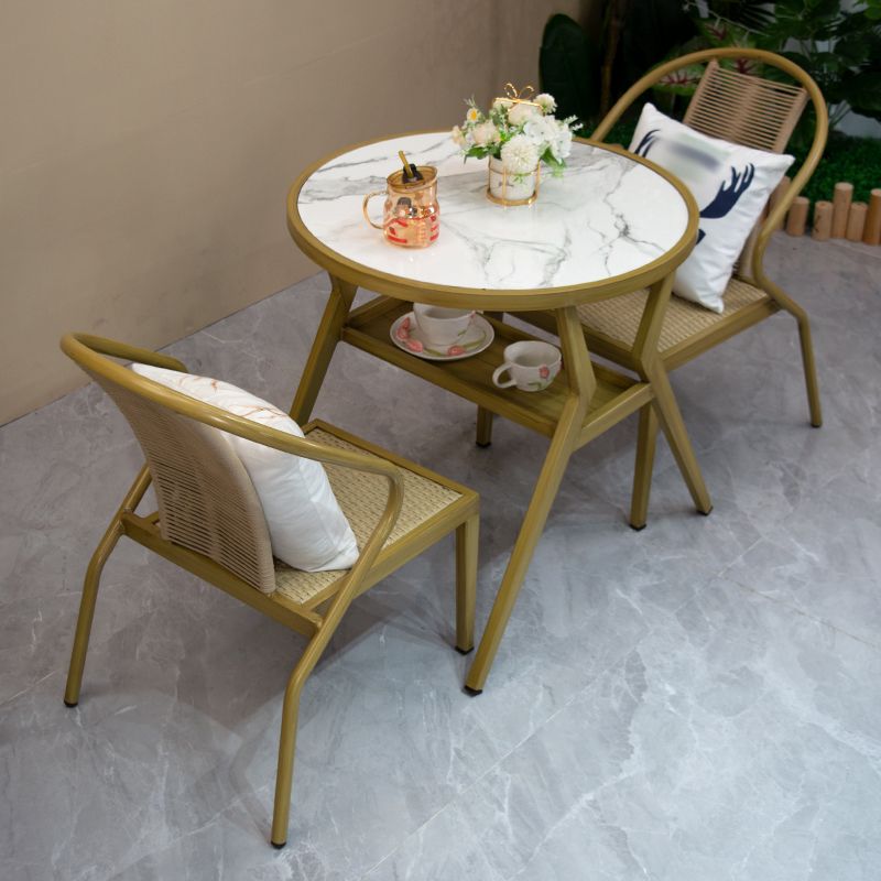 Modern Round Shape Dining Room Chair and Table Set with 2 Woven Chairs