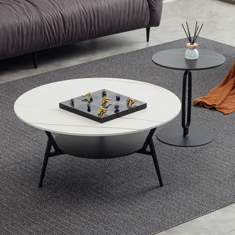 Modern Slate Trestle Coffee Table with Storage Round Cocktail Table in Grey