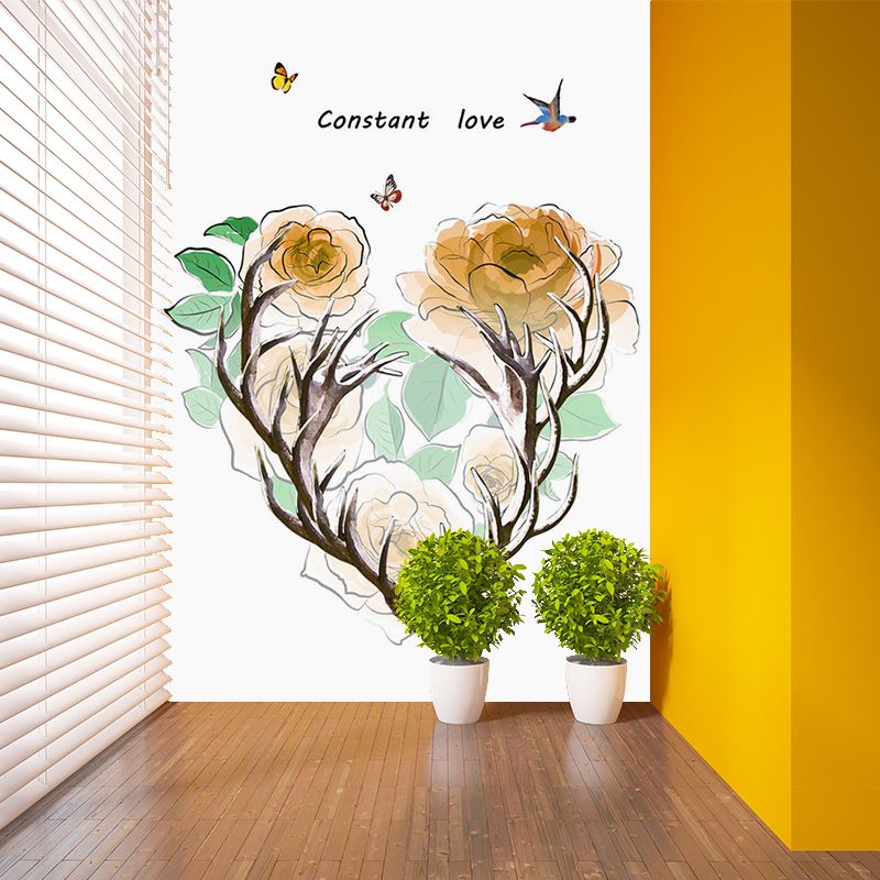 Stain Resistant Wallpaper Mural Artistry Non-Woven Fabric Wall Decor with Antler and Flower Pattern