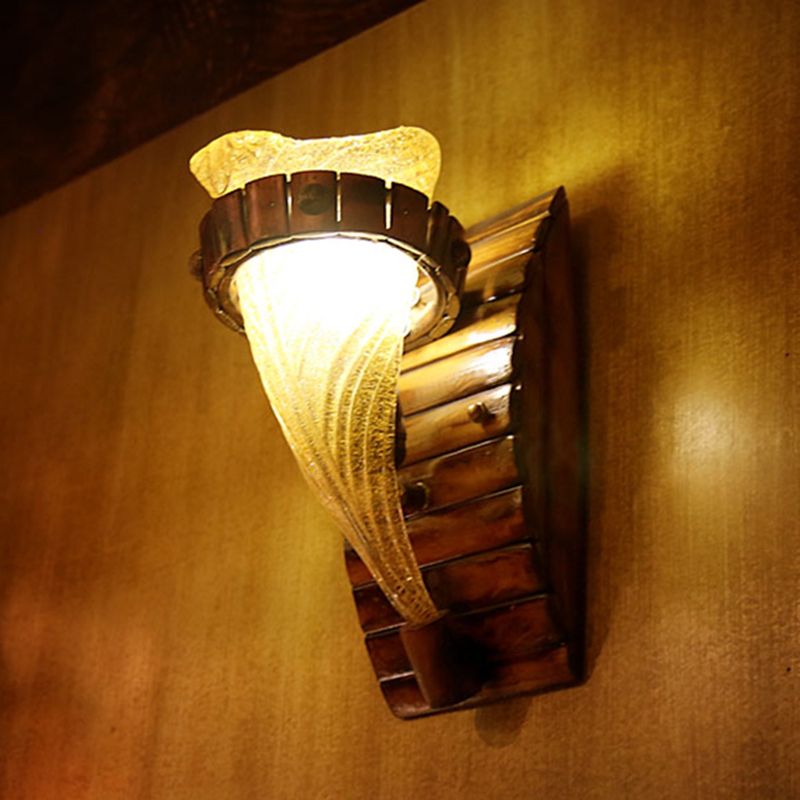 One Bulb Wall Light with Flower Shade Yellow Textured Glass Rustic Indoor Sconce Lighting Fixture in Bronze