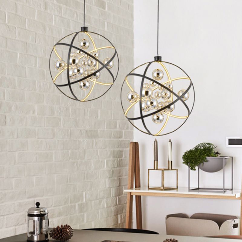 19.5"/31.5" W Black LED Pendant Chandelier Industrial Iron Globe Ceiling Hang Light with Ball Chrome Glass Shade