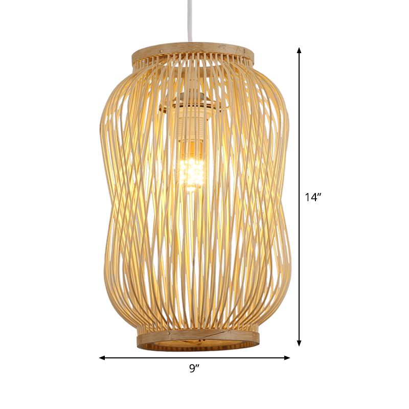 Beige Gourd Cage Pendant Lighting Chinese Style Single Bamboo Hanging Lamp over Table