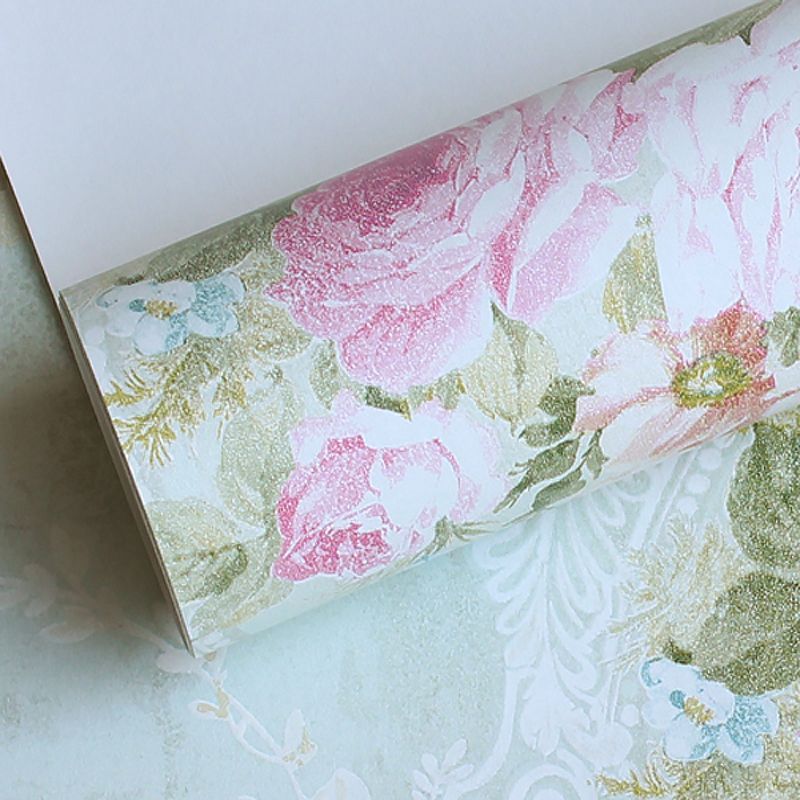 Rustic Style Peonies Wallpaper in Pastel Color Stain Resistant Wall Art for Home Decor