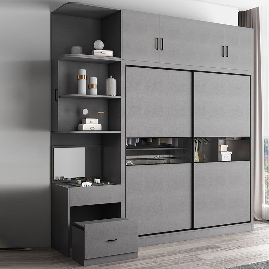 Gray Colour Wooden Wardrobe Rod Included Wardrobe Wardrobe Closet with Sliding Door