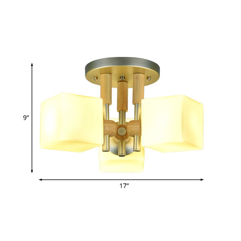 Cube White Glass Semi Flush Light Fixture Modern 3-Light Wood Ceiling Mounted Lamp