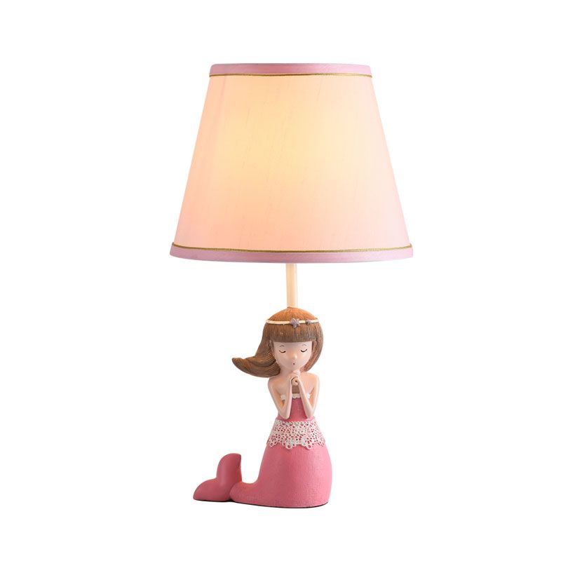 Cartoon Single Desk Light with Barrel Shade Fabric Pink Finish Girl Night Table Lamp