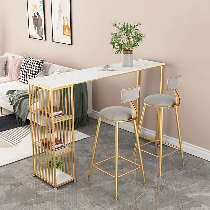 1/2/3 Pieces Glam Iron Bar Table Set Rectangle White Stone Top Bistro Set with Shelf