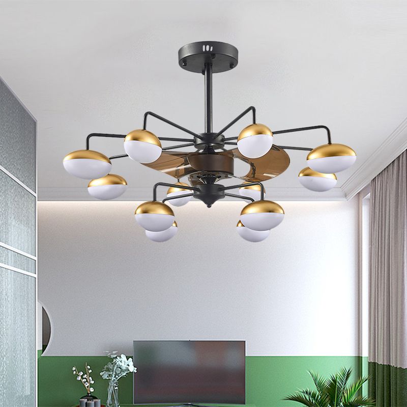 Schwarzer Eierform Hanging Lüfter Lampe Moderne 12 Köpfe Acryl-Halbmontage-Beleuchtung mit 3 braunen Klingen, 37,5 "W.