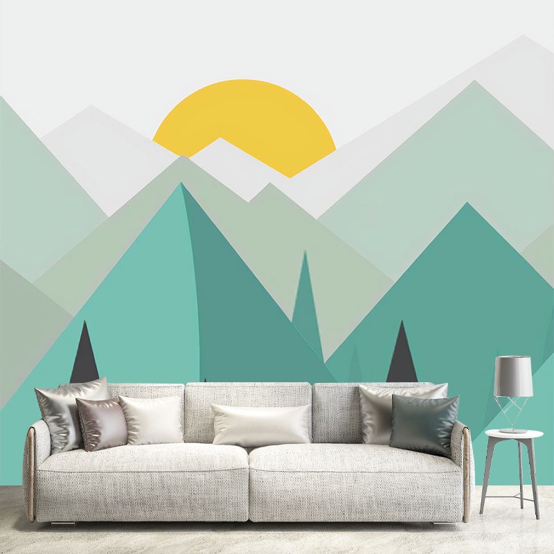 Big Illustration Simple Wall Mural Decal for Living Room with Mountain and Sunrise in Green and Yellow