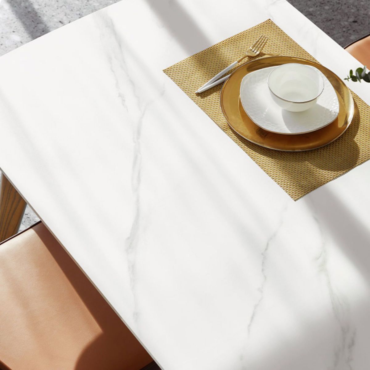 Contemporary Rectangular White Stone Dining Table with 4 Wooden Foot