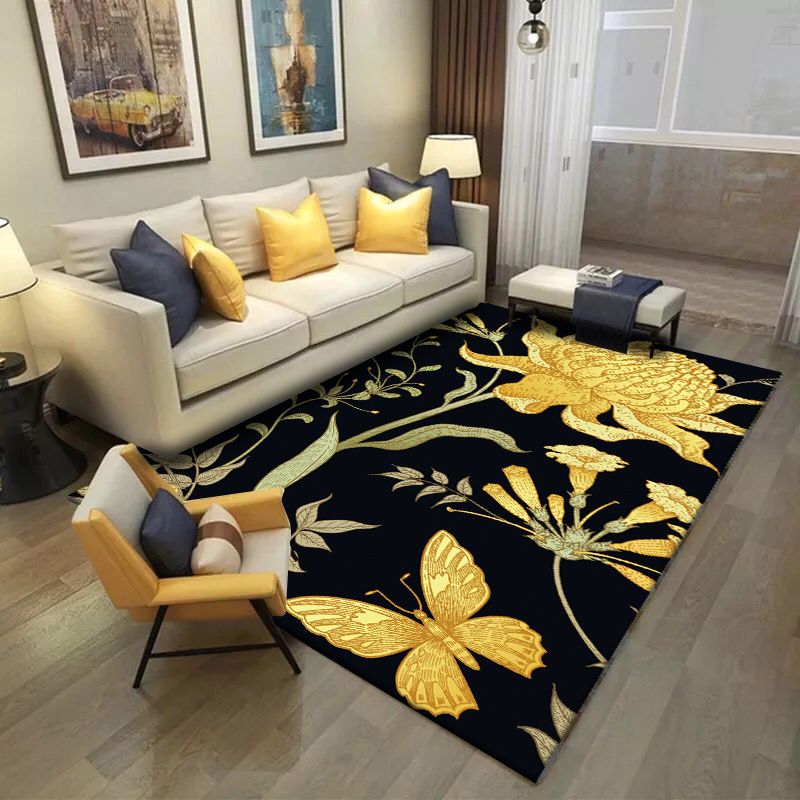 Black and Yellow Vintage Rug Polyester Floral and Leaf Pattern Rug Washable Non-Slip Backing Carpet for Living Room
