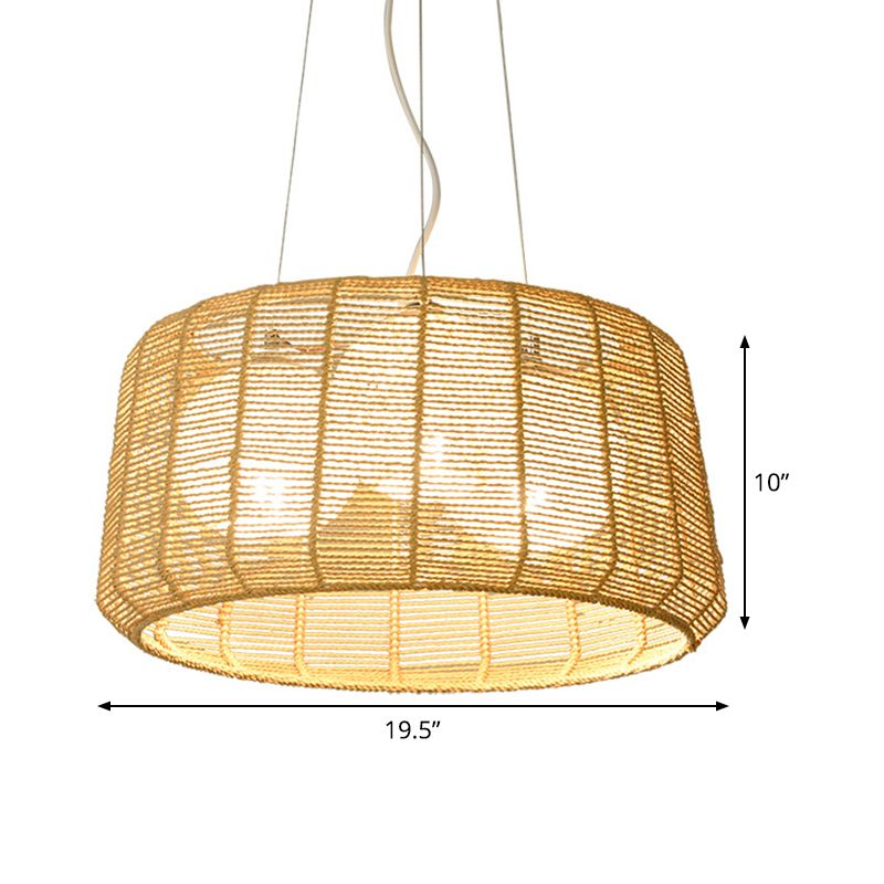 3-Light Guest Room Ceiling Chandelier Chinese Beige Pendant Light with Drum Bamboo Cage