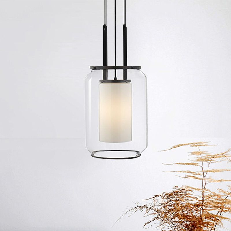1 Glühbirnenschlafzimmer Hanging Anhänger moderne Schwarz -Down -Beleuchtung mit Zylinder klarer Glasschatten
